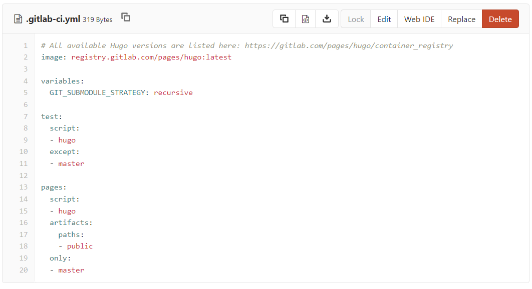 Стандартный конфиг GitLab Pages для Hugo