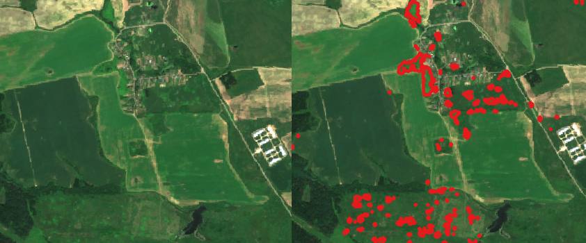 Снимок Sentinel-2: слева - просто снимок; справа - выделены границы борщевика
